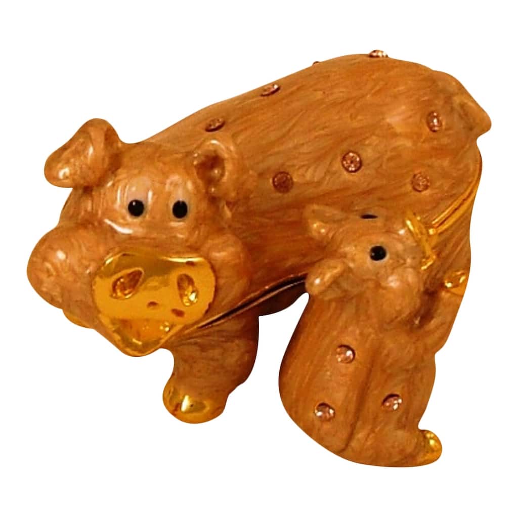 Mother and Baby Pig Piggy Pigs Piglet Jeweled Enameled Hinged Trinket Box - Pink