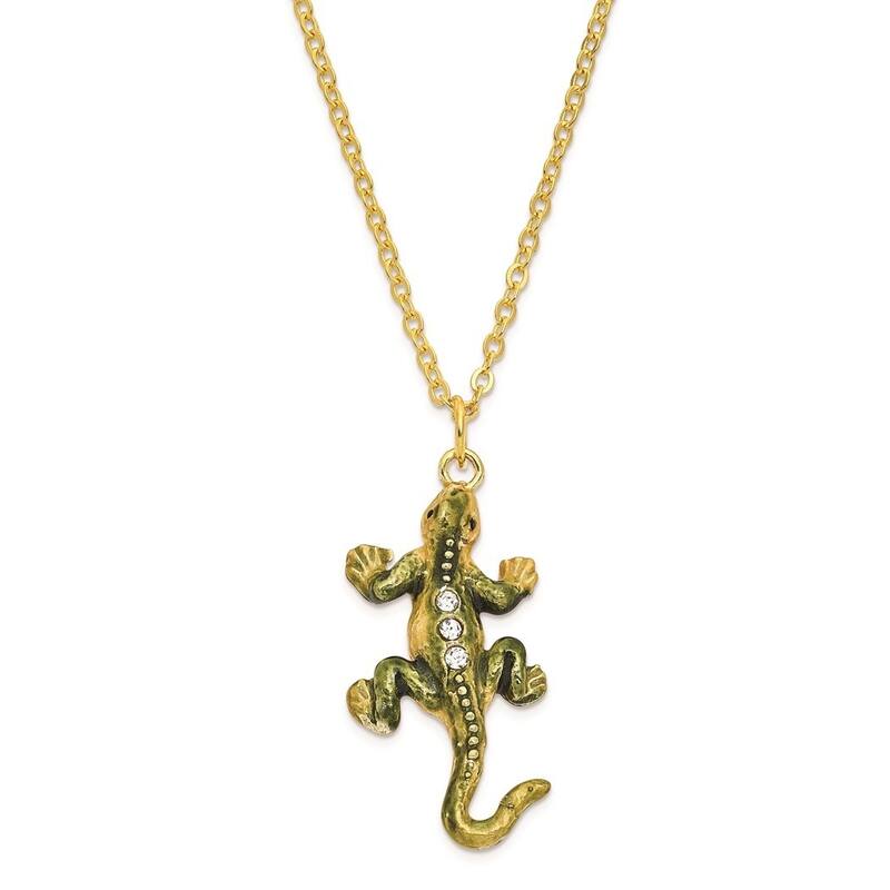 Curata Pewter Crystals Gold-Tone Enameled Rocky Rain Forest Lizard Trinket Box on 18 Inch Necklace