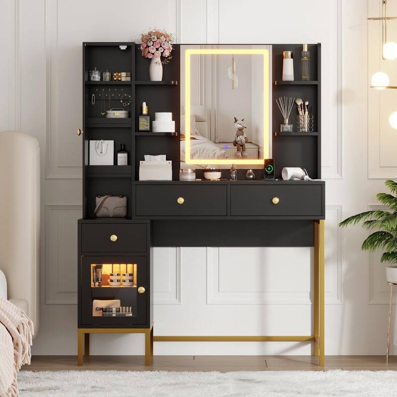 Vanity Desk with LED Mirror, Charging Station, Drawers, Shelves, Jewelry Cabinet - Black