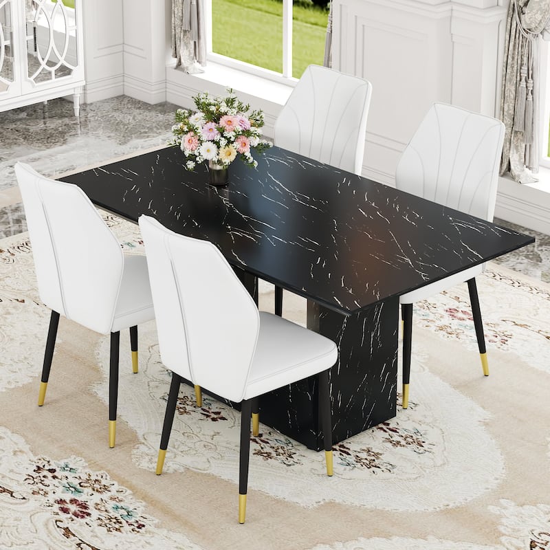 Roomfitters 5pcs Black Marble MDF Dining Table Set with PU Chairs and Widened Backrest Design