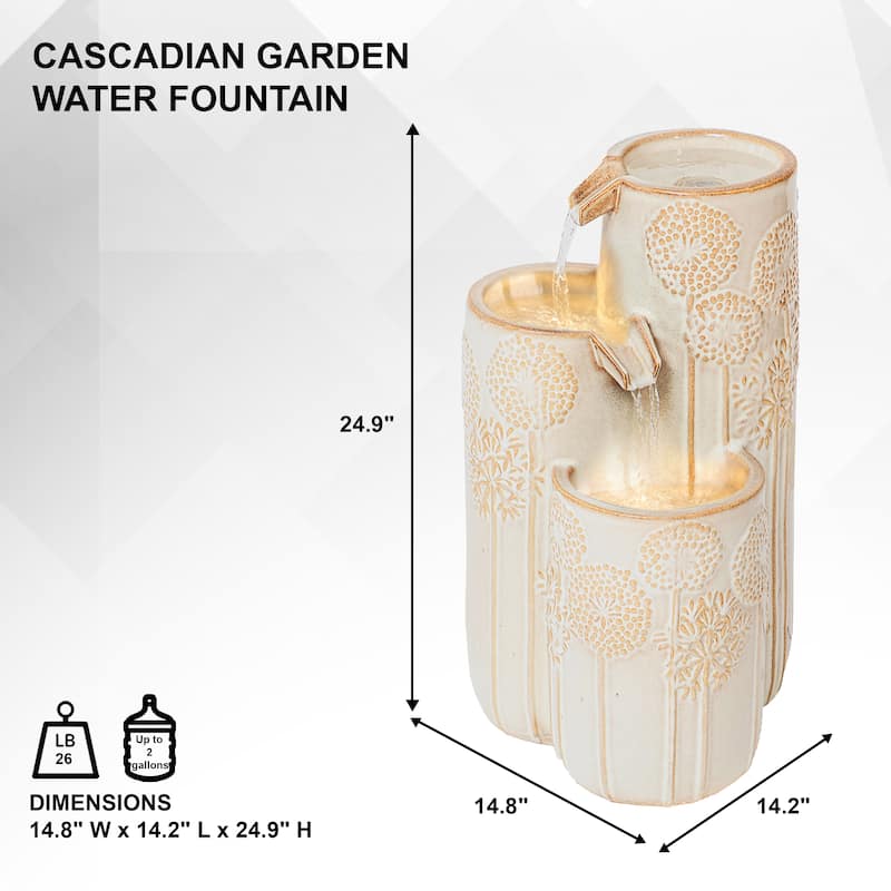 XBrand 25 in H Freestanding Cascadian Outdoor Garden Fountain w/Flower Details & Warm LED Lights, Ceramic, Beige