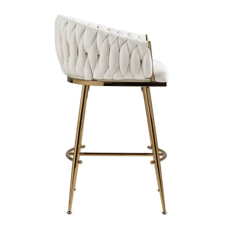 (Set of 1) 26" Velvet Counter Height Bar Stool with Wave Back, Golden Chrome Base and Footrest