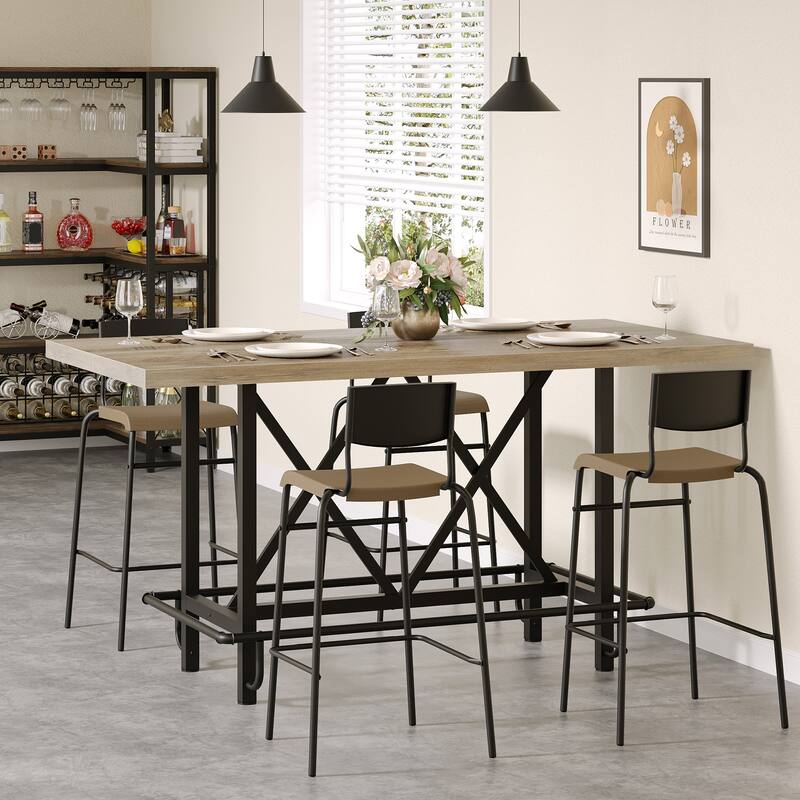 63" Long Wood Dining Table for 4-6 People, Farmhouse Dinner Table with Thick Tabletop, Kitchen Table with Footrest