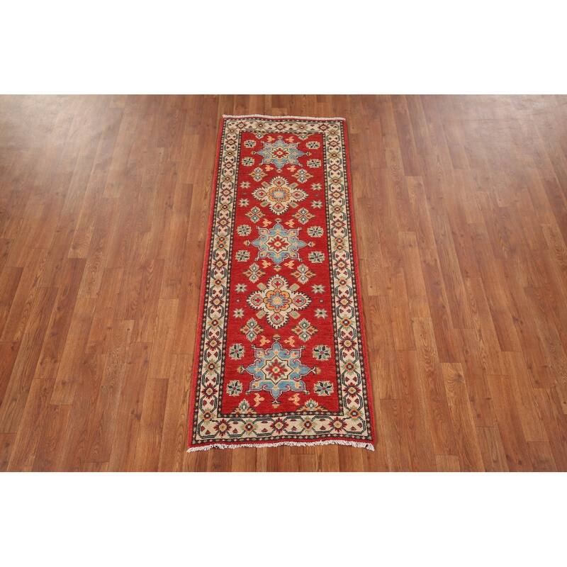 Geometric Red Kazak Oriental Runner Rug Handmade Wool Carpet - 2'2" x 5'7"