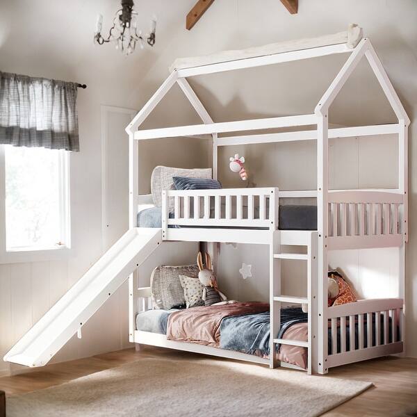 slide 2 of 22, Modren Twin Over Twin Bunk Bed House Bed With Slide,Solid Construction for Bedroom White