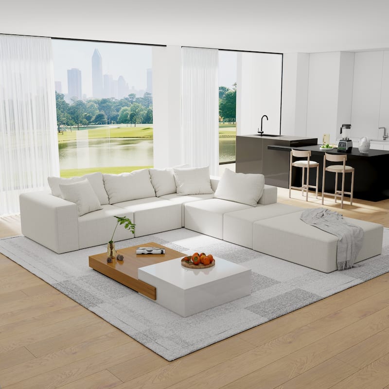 132" Chenille L-Shaped Sectional Sofa with 6 Pillows
