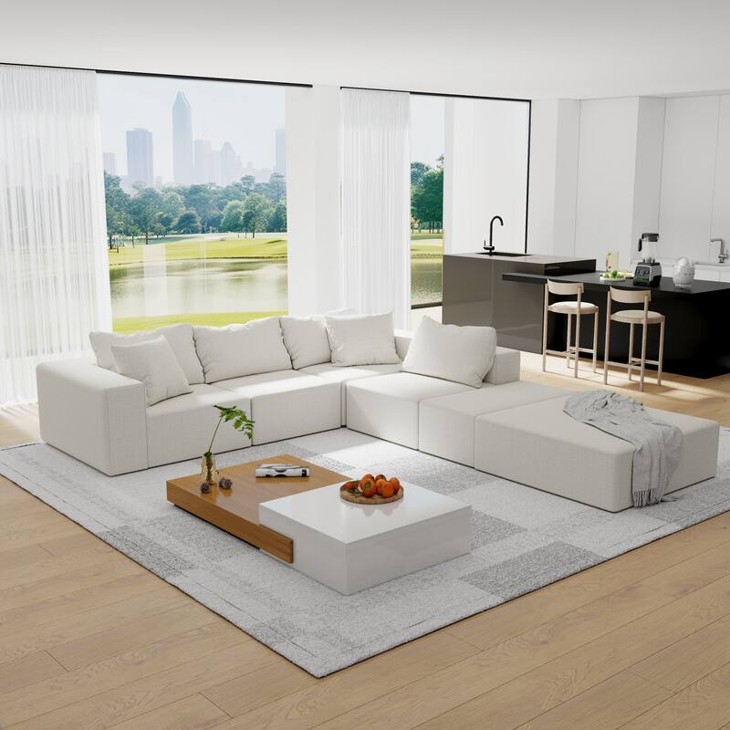 L Shaped Modular Sectional Sofa with Ottoman, Oversized Chenille Upholstered Boneless Sofa, Compression Sofa with 6 Pillows