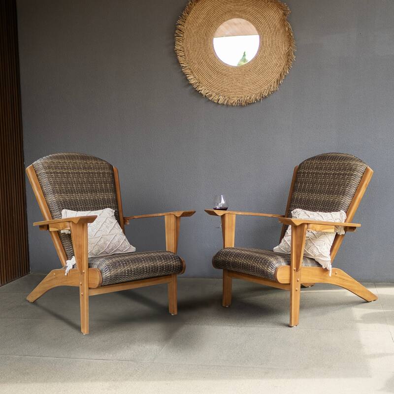 Cambridge Casual Camden Teak Patio Adirondack Chair Set with Padded Woven Seat - FREE Patio Cover - 2PC - 2 Adirondack - Koboo Gray Wicker