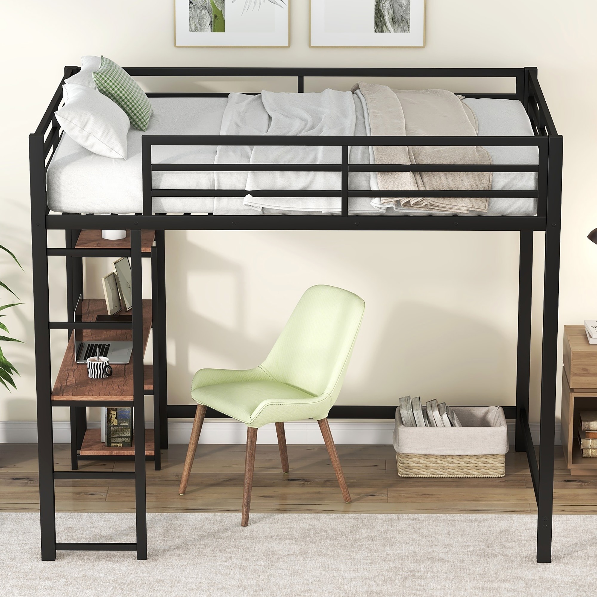 Metal loft bed with desk and hotsell shelves