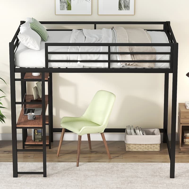 Multifunctional Full Size Metal Loft Bed with Builtin Desk & Storage