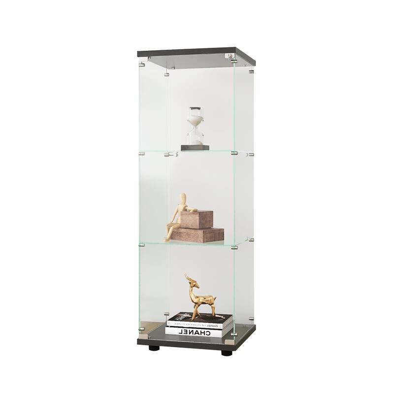 One-Door Glass Display Cabinet with 3 Shelves, Floor Standing Curio Bookshelf with Tempered Glass for Living Room Bedroom Office