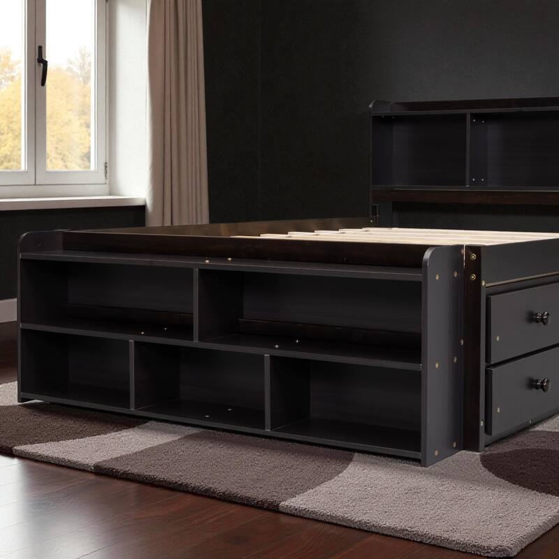 Full Size Wooden Storage Bed with Bookcase Headboard, 6 Drawers, and Bed-End Storage Case