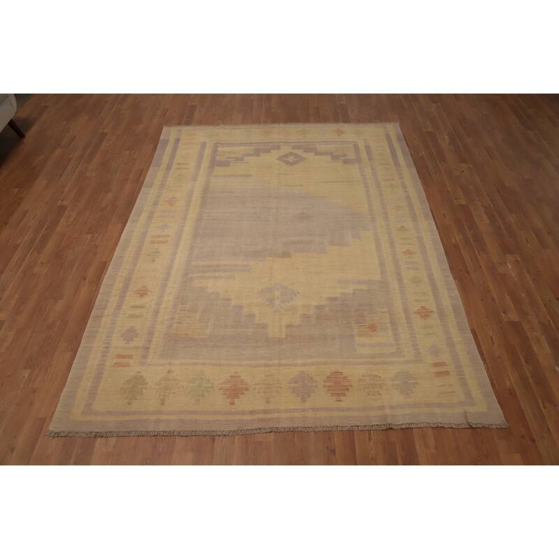 Hand Woven Oriental 100% Wool Carpet Southwestern Tribal Yellow & Gold Kilim Area Rug - 8' 10'' X 6' 4''