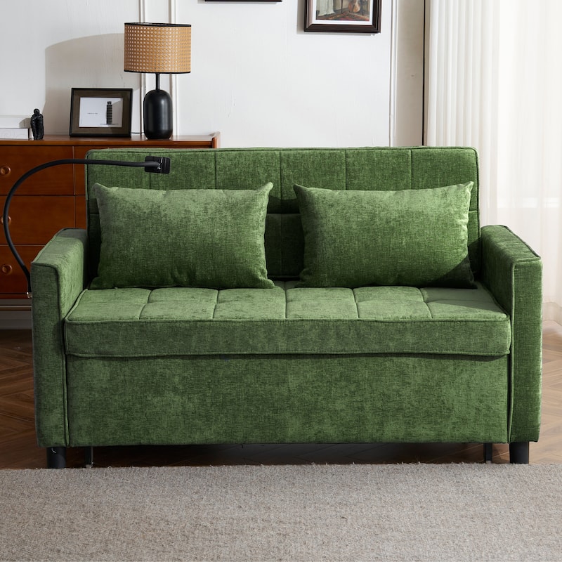 Roomfitters Loveseat Sleeper Sofa Bed with USB Ports, Reversible Cushion, Side Pockets and Phone Holder