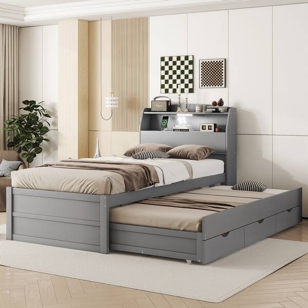 slide 2 of 10, Twin Size LED Platform Bed with Trundle, Wooden Bed with Storage Headboard, Kid's Bed with Drawers, LED and USB Outlets, Grey Grey