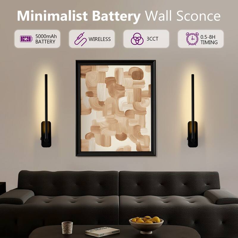 21'' Battery Operated Wall Sconces With Remote Rechargeable Black Dimmable Light Sconces (Set Of 2)