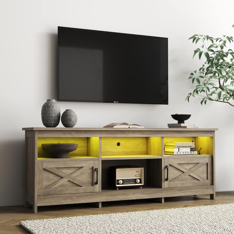 Moasis 70"/59" Farmhouse TV Stand for 80"/65" TV with Outlet and Lights - 70"W Door - Gray Wood 