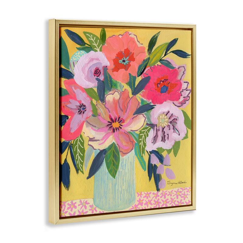Stupell Vibrant Pink Bouquet on Yellow Framed Floater Canvas Wall Art Design By Suzanne Allard