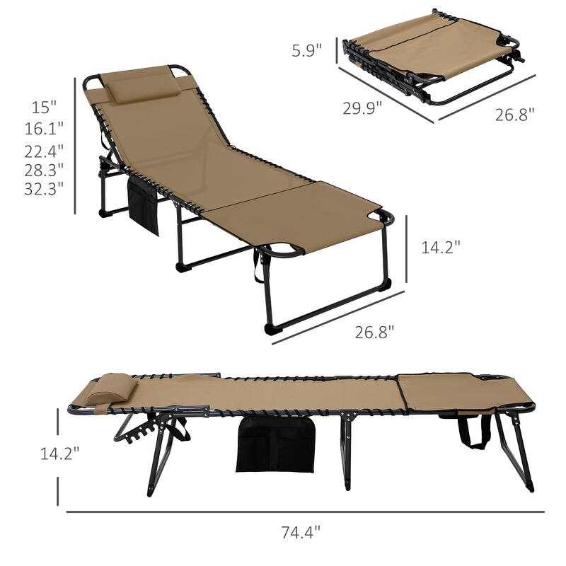 2-Piece Outdoor Folding Lounge Chairs with Adjustable Backrest, Headrest Pillows and Side Storage Pockets for Beach Yard Patio