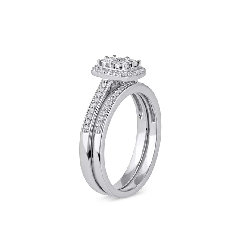 1/4ct TDW Diamond Cluster Halo Bridal Set in Silver for Women