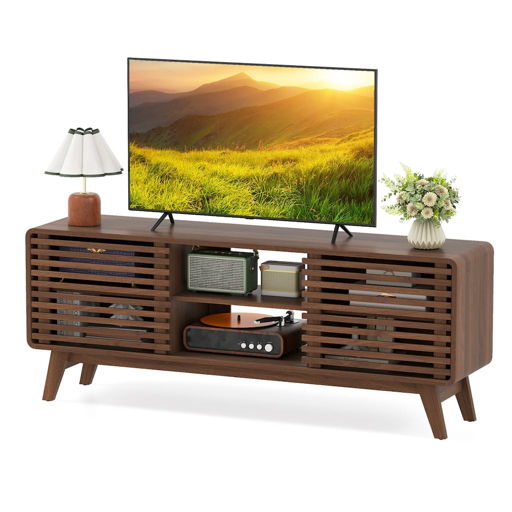 Gymax TV Stand w/Sliding Doors Adjustable Shelves & Rubber Wood Legs
