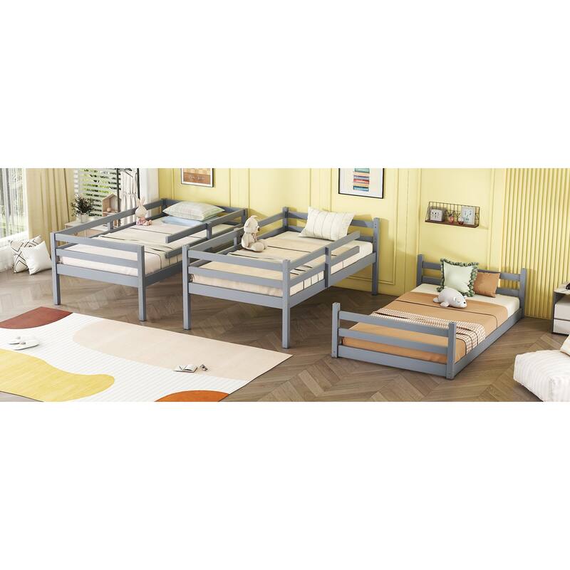 Roomfitters Triple Rubber Wood Bunk Bed, Detachable Twin over Twin over Twin with Ladders and Guardrails