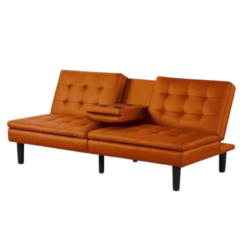 Berie Futon Sofa Bed, Drop-Down Tray, Cupholders, Orange Faux Leather