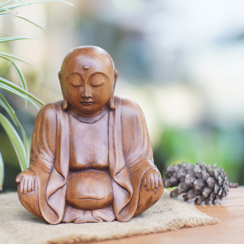 Novica Handmade Meditative Bhiksu Wood Sculpture