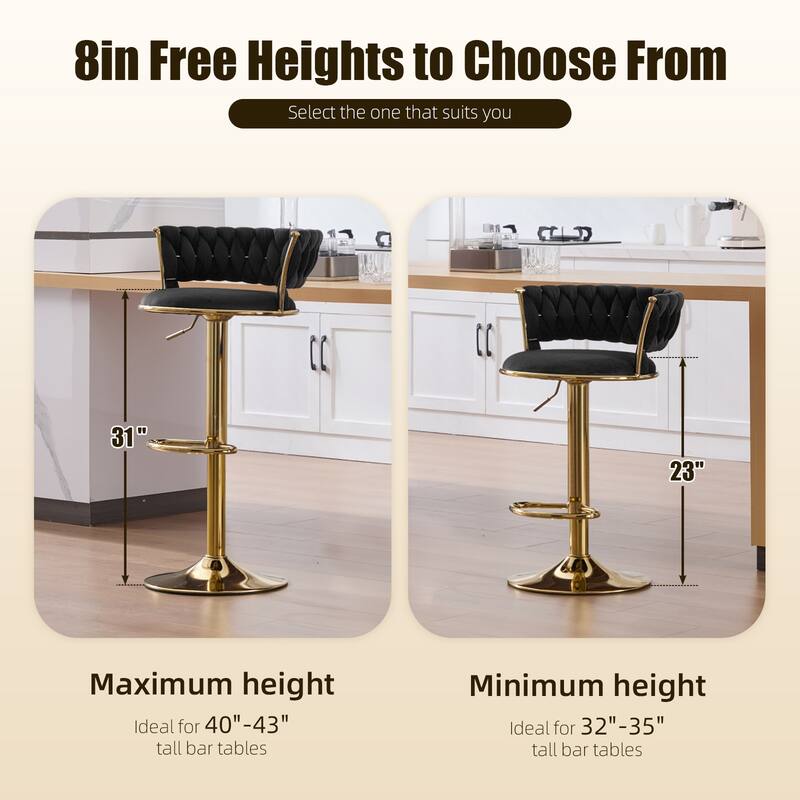 HOMEFUN Velvet Adjustable Height Swivel Armless Bar Stools With Golden Footrest(set of 2)