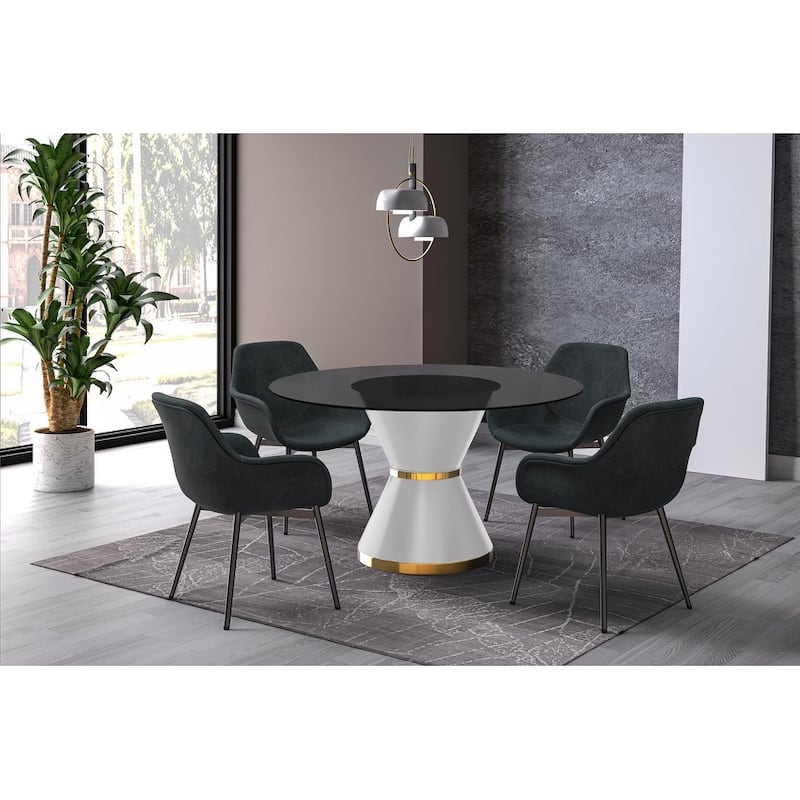 Qorvus Modern Round Glass/Stone Dining Table with Stainless Steel Pedestal Base for Contemporary Kitchens and Dining Rooms