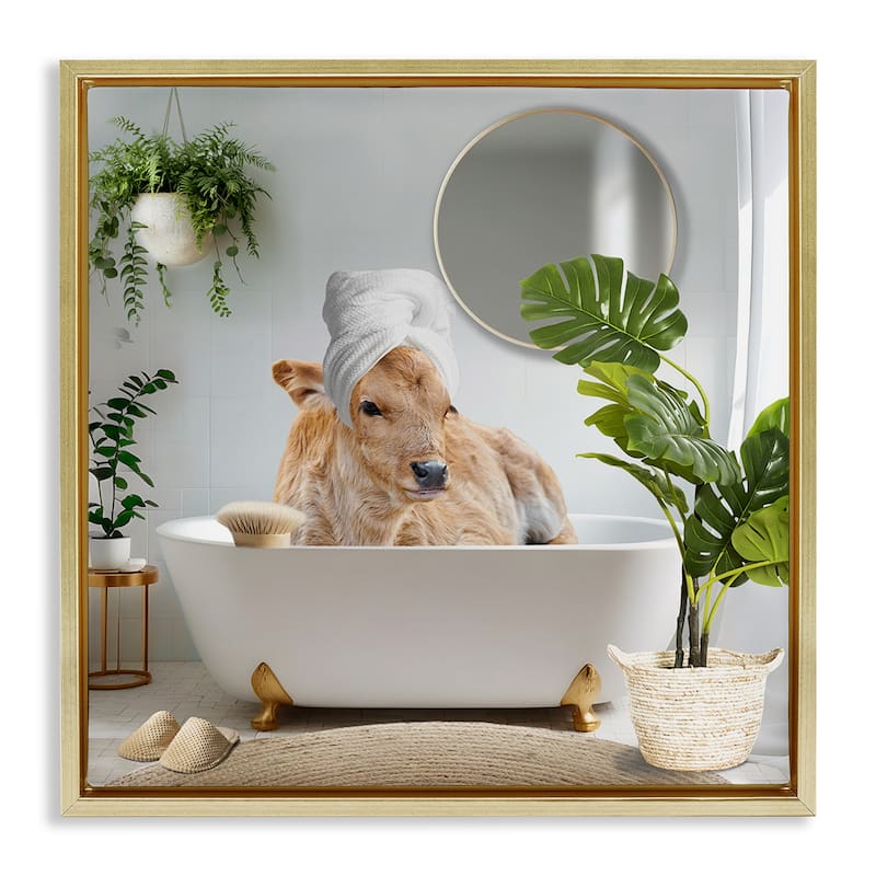 Stupell Pampered Cow in Bath Framed Floater Canvas Wall Art Design By CAD Designs - 18 x 18 - Gold