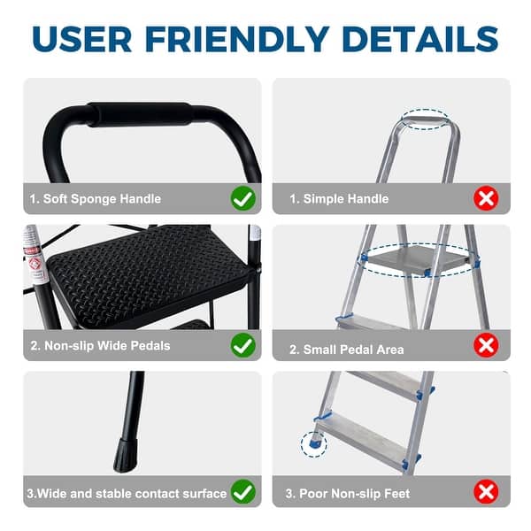 Portable Folding Ladder with Wide Anti-Slip Pedal-Black - 3 Step