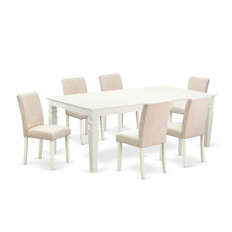 Rectangle Kitchen Dining Table Set - 7Pc Victorian Style Table w/ Chairs - Linen White Legs & Beige Fabric