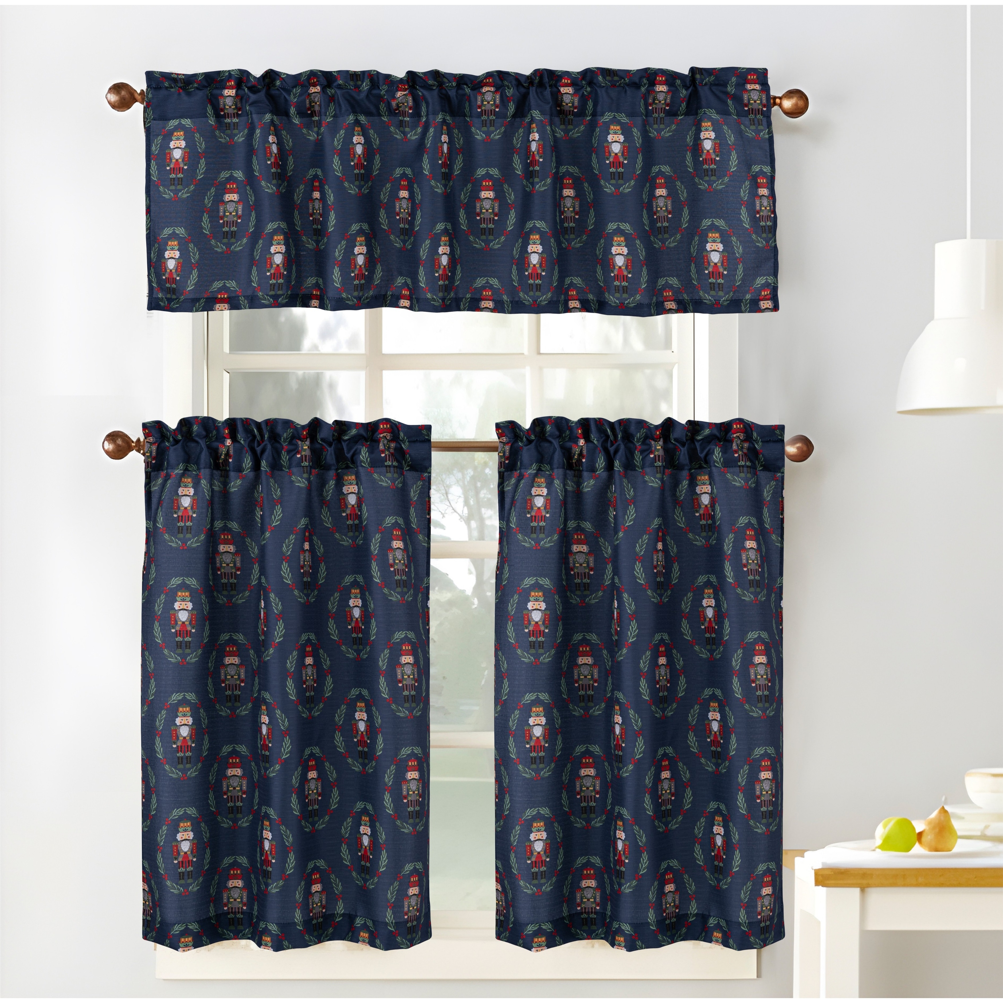 Nutcracker Christmas Holiday Present Kitchen Curtain Set - Navy