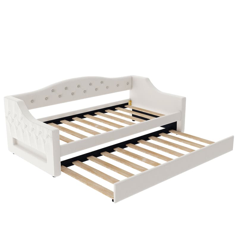 Upholstered Twin XL Daybed with LED Lighting and Trundle, Beige