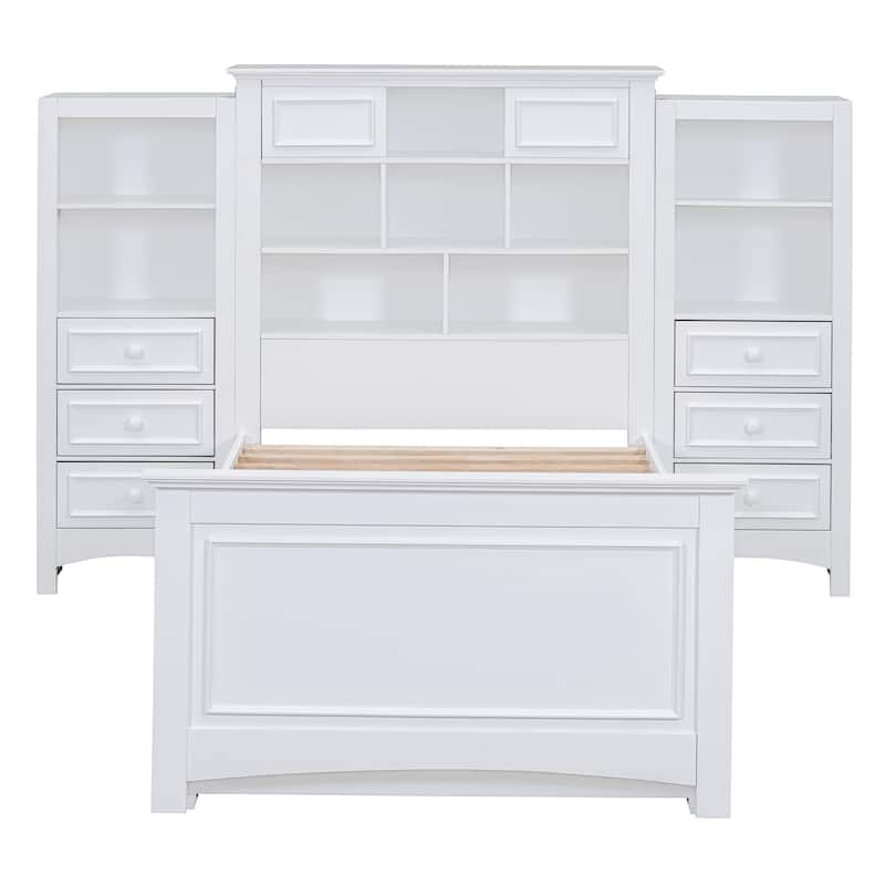 Twin Size Platform Bed with All-in-One Vertical Cabinet Bookcase, Solid Wood Captain's Bed Frame with 4 Drawers on Each Side