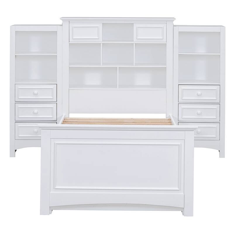 Twin Size Wood Platform Bed with Vertical All-in-One Cabinet and 4 Drawers on each side