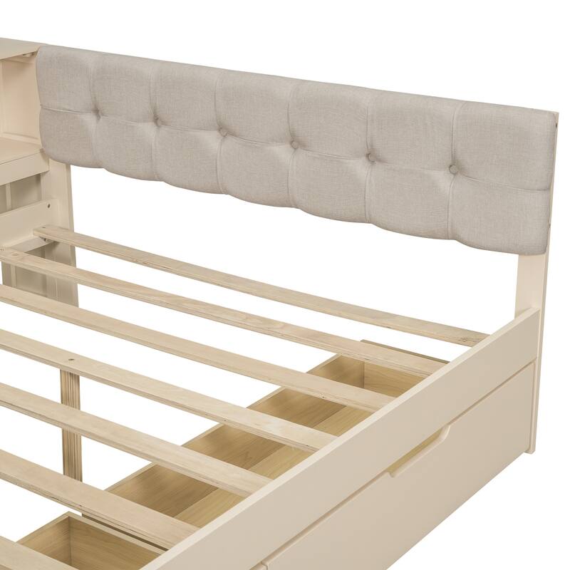 GDFStudio - Wood Platform Bed with Upholstered Headboard, Storage, Drawers & Charging Station