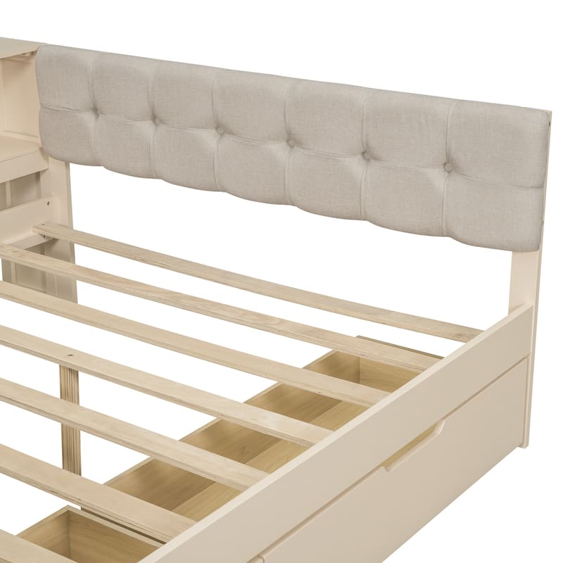 Roomfitters Full Size Platform Bed, Wooden Frame with Shelves, Drawers, Charging Station and Upholstered Headboard