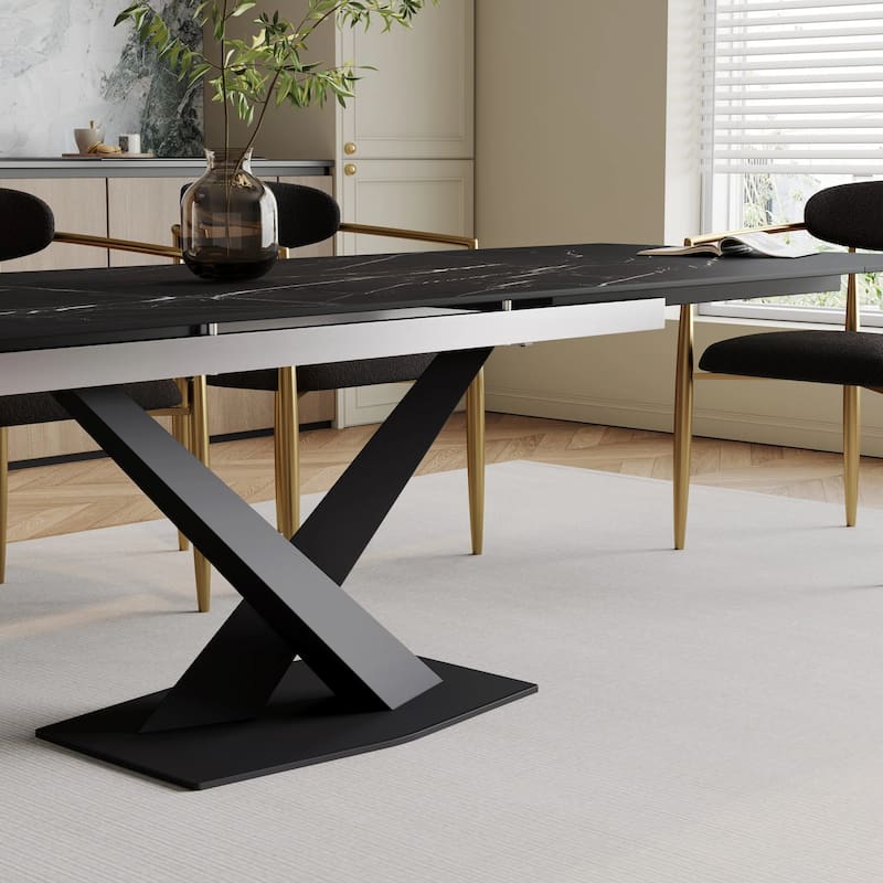 9 - Piece 94.48'' Modern Minimalist Extendable Sintered Stone Top Dining Set with 8 Fabric Chairs