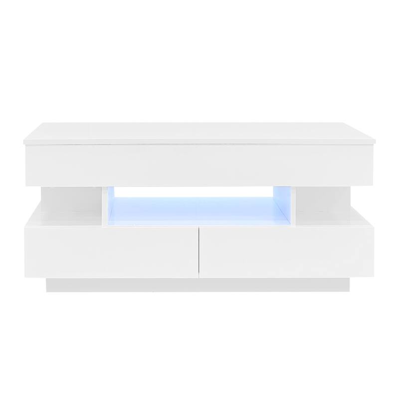 Lift-Top Coffee Table with 2 Drawers, Modern Center Table with Hidden Storage Compartment and LED Lights for Living Room