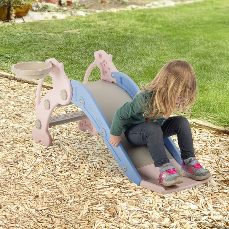 Hey Play Indoor/Outdoor Toddler Slide with Basketball Hoop and Ball, Pink