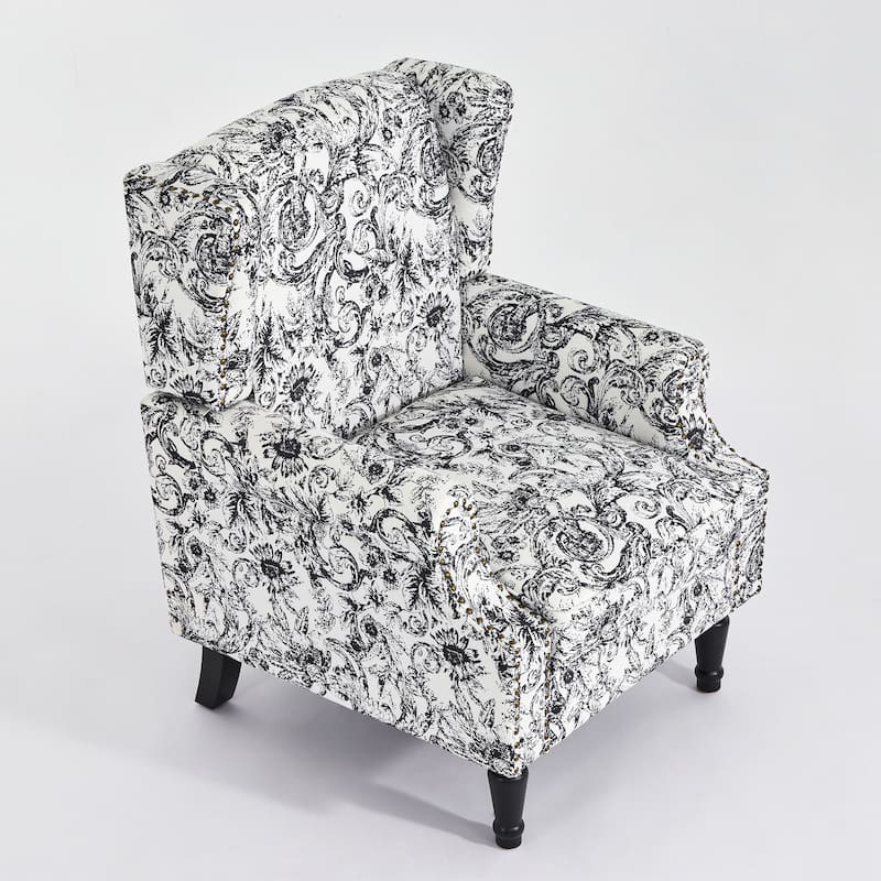 Traditional Floral Patterned Wingback Armchair with Nailhead Trim