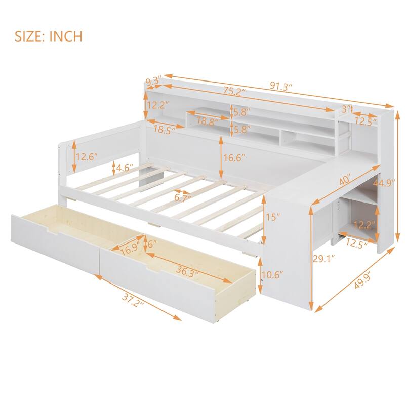 Modern Wooden Multi-functional Daybed with Storage Shelves and Drawers
