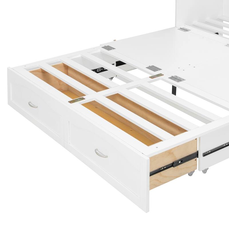 Queen Size Wall Bed with Drawers, USB Ports, and Smooth Pulley System, White