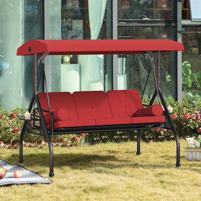 Outdoor Patio 3-Seat Porch Swing Cushioned Seat Bench Chair with Adjustable Tilt Canopy & Side Trays