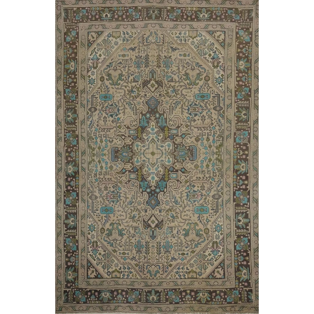 Hand Knotted Oriental 100% Wool Carpet Traditional Floral Beige & Ivories Tabriz Area Rug - 9' 3'' X 6' 5''
