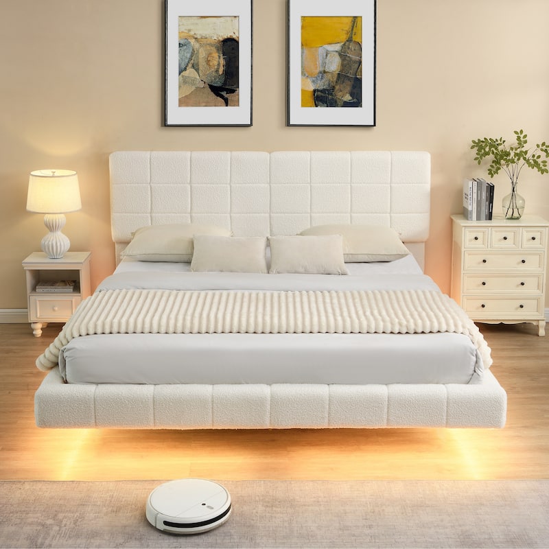 Floating Platform Bed Frame with LED Lights, Headboard, Modern Upholstered Boucle Fabric Bed with Checkerboard Design