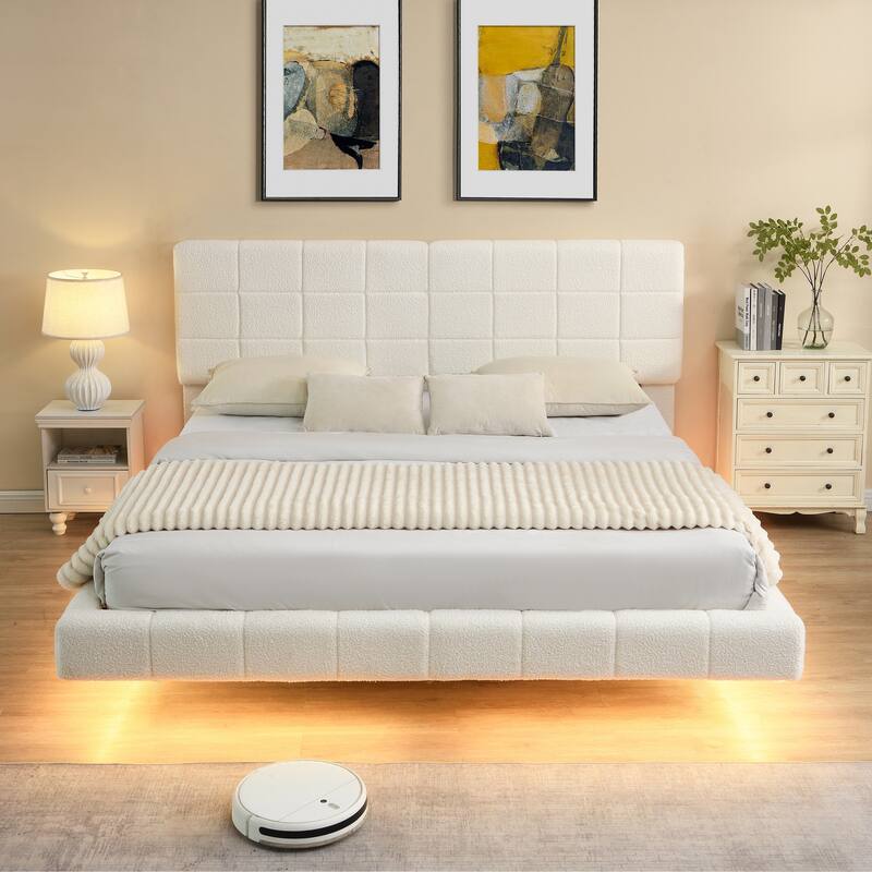 Queen Floating Bed with LED Lights - Soft Boucle Fabric, 800lbs Capacity, Easy Clean Design