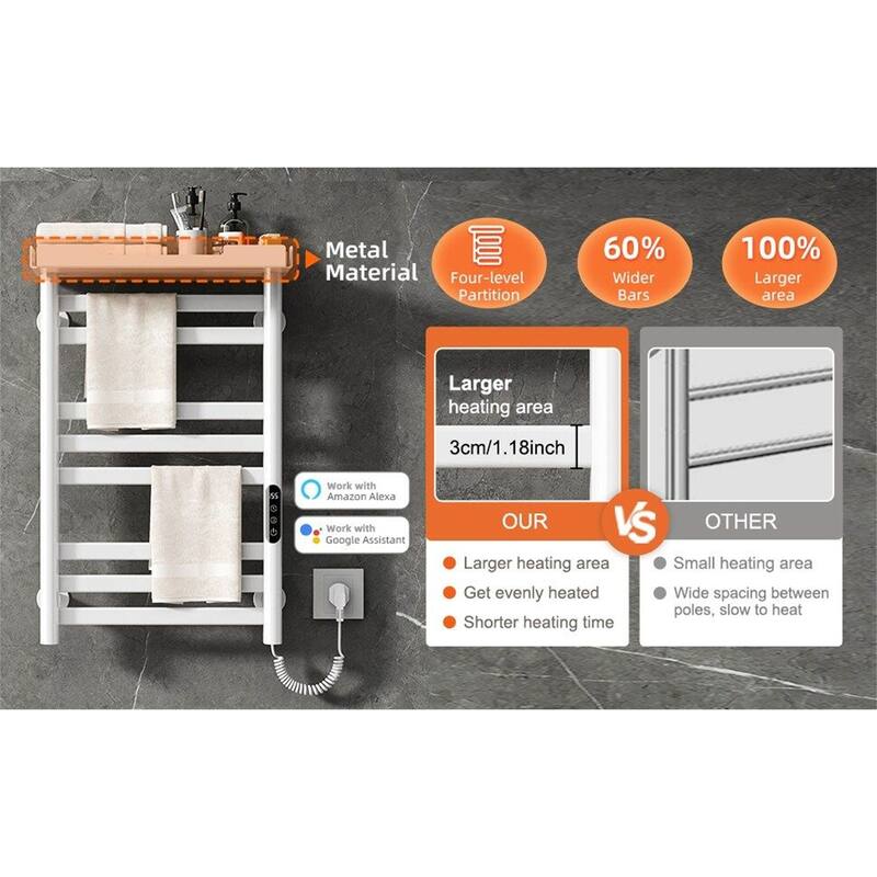 Heated Towel Rack with Shelf and Wi-Fi App Control